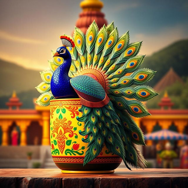 A Tamil Murugan-inspired image featuring a vibrant and colorful peacock cooler design