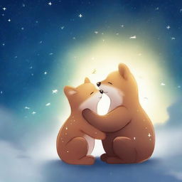 A high-quality digital art piece depicting a tender moment between a bear and a fox, sharing a gentle kiss under a starlit sky