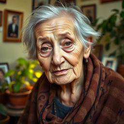 A portrait of an elderly woman with a hunched posture, showing her wisdom and life experiences