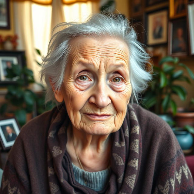 A portrait of an elderly woman with a hunched posture, showing her wisdom and life experiences