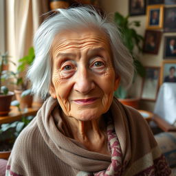 A portrait of an elderly woman with a hunched posture, showing her wisdom and life experiences
