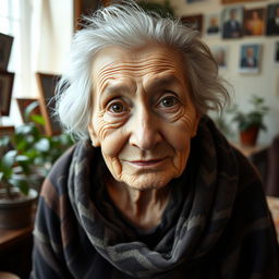 A portrait of an elderly woman with a hunched posture, showing her wisdom and life experiences