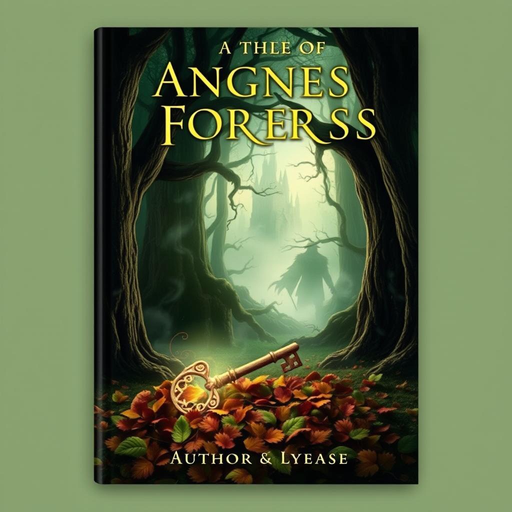 A captivating book cover design featuring an ancient, mystical forest with towering trees and wisps of fog weaving through them