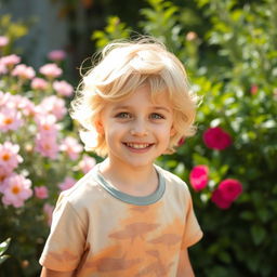 A young boy with wavy golden hair and vibrant green eyes, smiling brightly