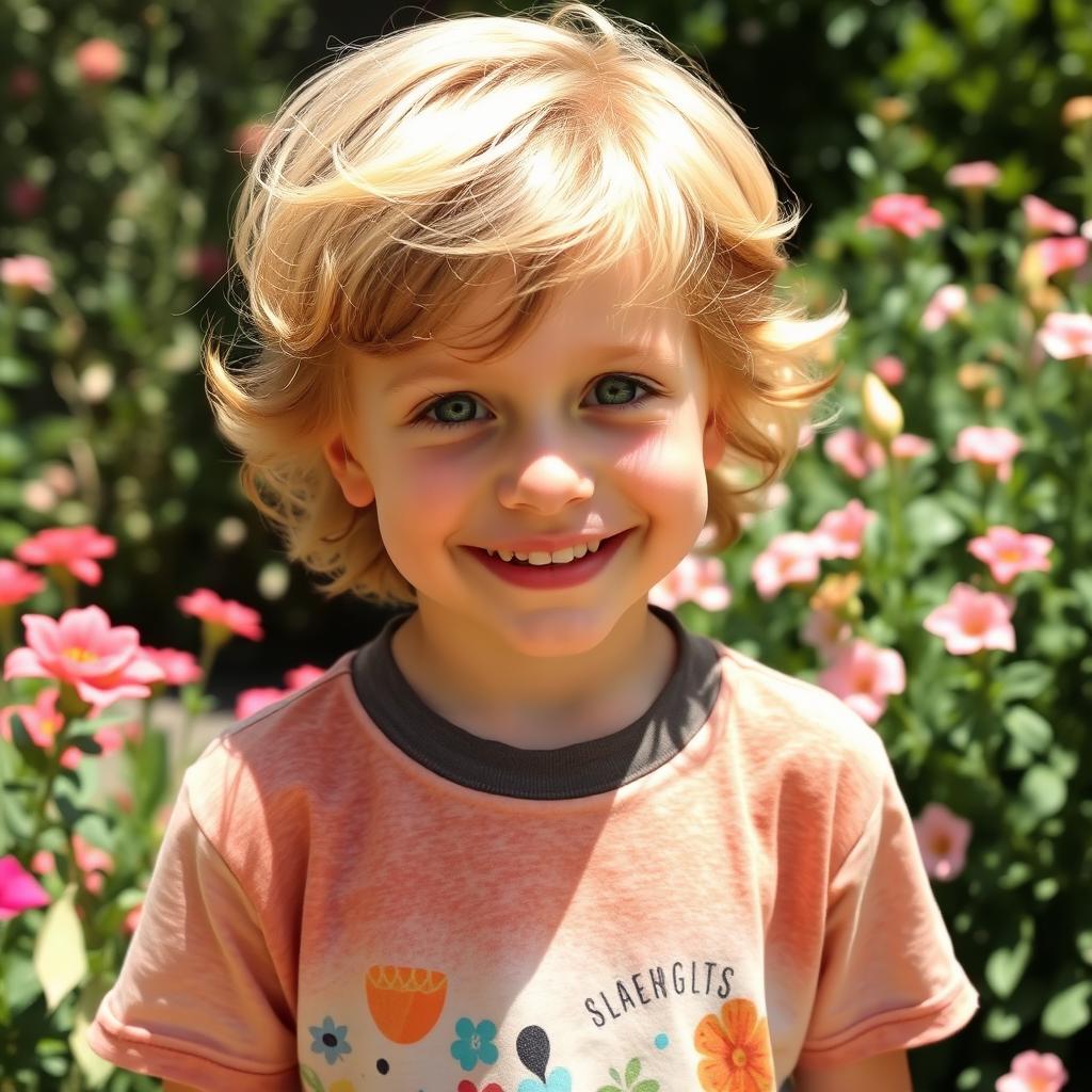 A young boy with wavy golden hair and vibrant green eyes, smiling brightly