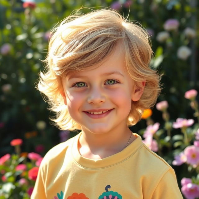 A young boy with wavy golden hair and vibrant green eyes, smiling brightly