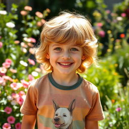 A young boy with wavy golden hair and vibrant green eyes, smiling brightly
