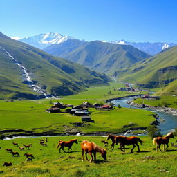 A picturesque village in Nepal, showcasing a panoramic view of lush green plains and rolling hills