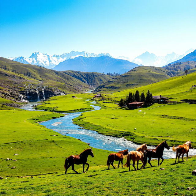 A picturesque village in Nepal, showcasing a panoramic view of lush green plains and rolling hills