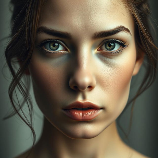 A striking portrait of a woman's face filling the entire page, featuring intricate details of her facial expressions