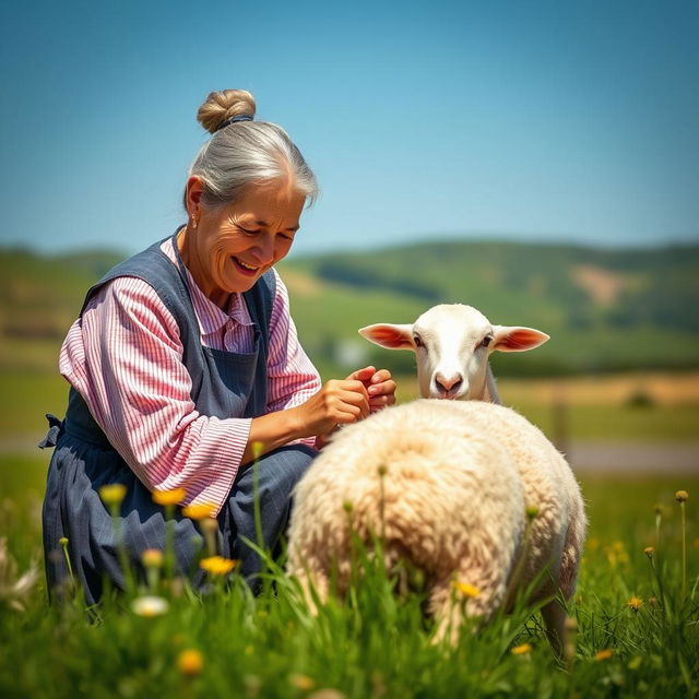 An elderly woman, dressed in traditional rural attire, is milking a sheep in a sunlit countryside setting