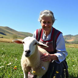 An elderly woman, dressed in traditional rural attire, is milking a sheep in a sunlit countryside setting