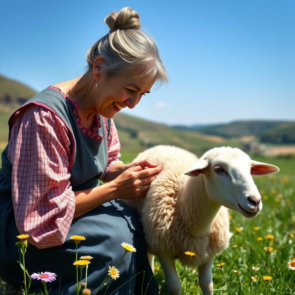 An elderly woman, dressed in traditional rural attire, is milking a sheep in a sunlit countryside setting