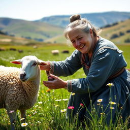 An elderly woman, dressed in traditional rural attire, is milking a sheep in a sunlit countryside setting
