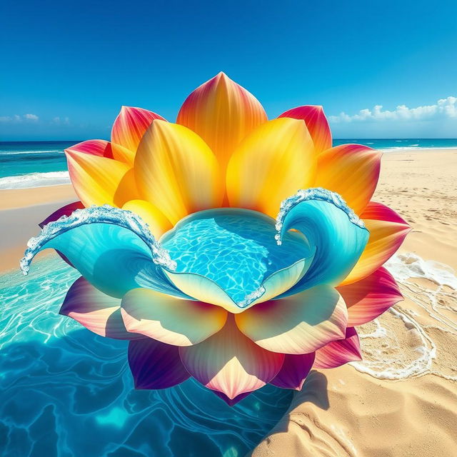 A highly realistic image of a flower design where the petals are depicted as waves of the sea, flowing seamlessly