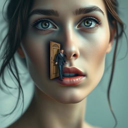 A captivating portrait of a woman's face occupying the entire page, showcasing her striking features and expressive eyes