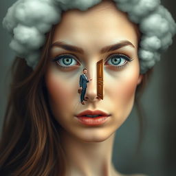 A captivating portrait of a woman's face occupying the entire page, showcasing her striking features and expressive eyes