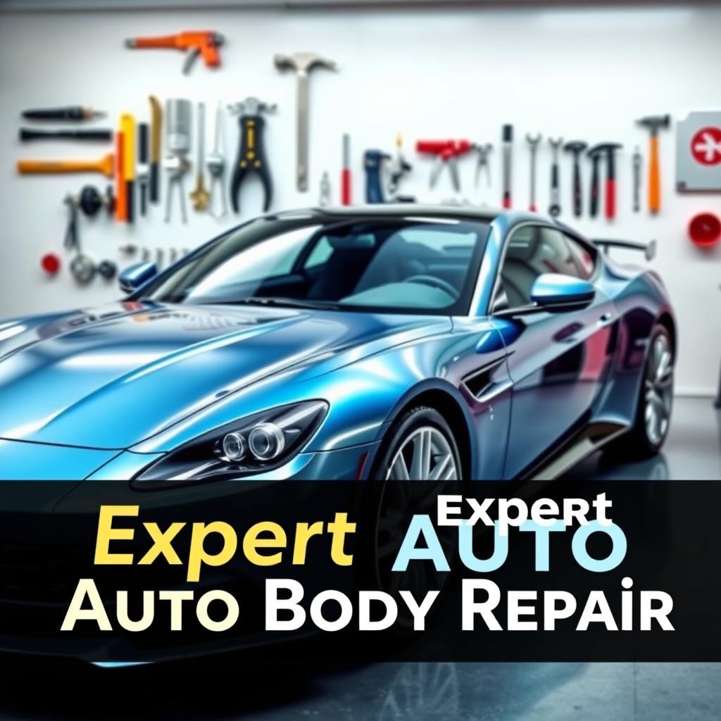 A professional poster for a car body repair job, showcasing a sleek, shiny car in the forefront