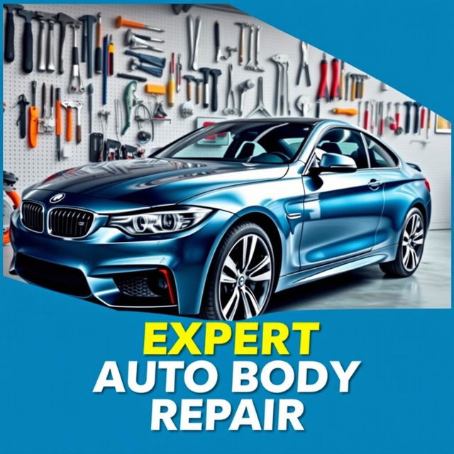 A professional poster for a car body repair job, showcasing a sleek, shiny car in the forefront