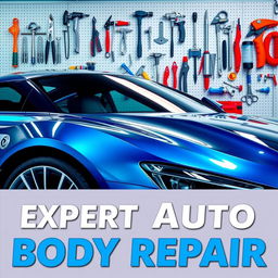 A professional poster for a car body repair job, showcasing a sleek, shiny car in the forefront