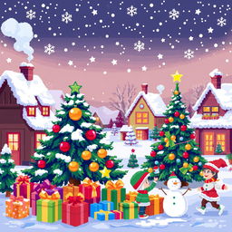 A vibrant and colorful pixel art scene depicting a festive Christmas theme