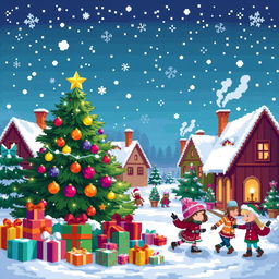 A vibrant and colorful pixel art scene depicting a festive Christmas theme