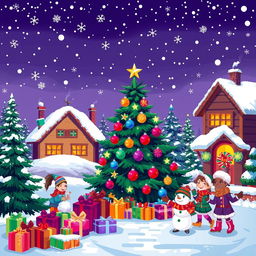 A vibrant and colorful pixel art scene depicting a festive Christmas theme
