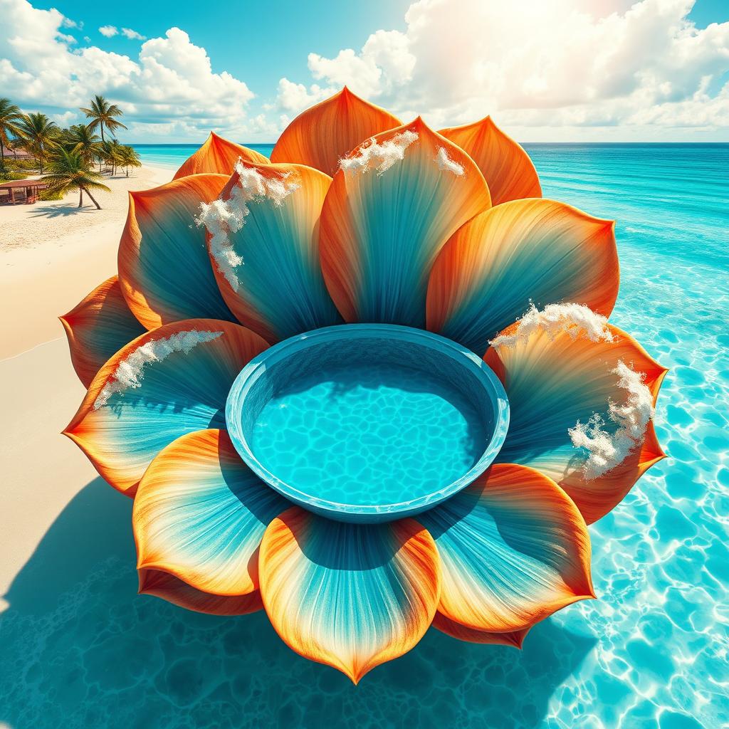 A stunningly realistic image of a flower design where the petals are composed of deep, vibrant ocean waves, creating a dynamic look that resembles the sea in motion