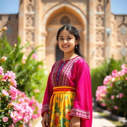 A beautiful young Shirazi girl dressed in traditional Shirazi attire, standing gracefully in the Saadi Tomb