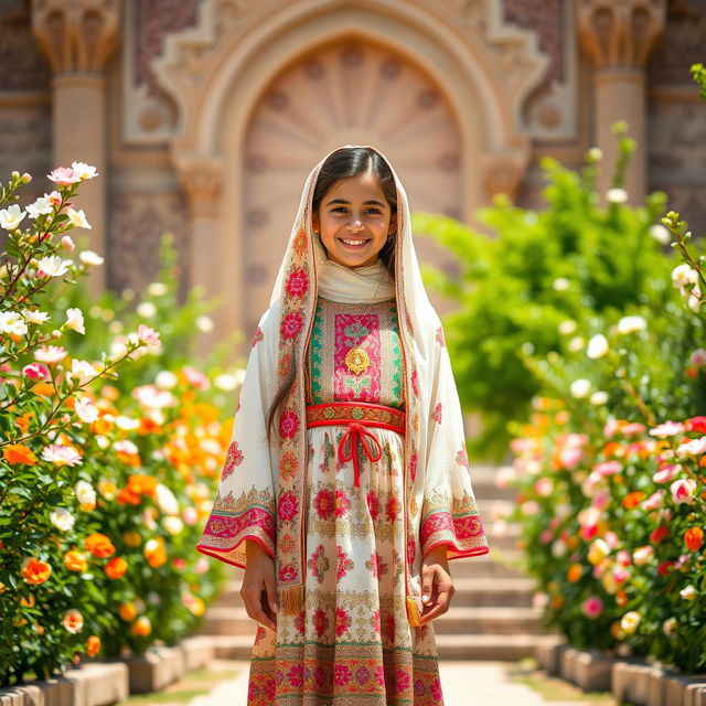 A beautiful young Shirazi girl dressed in traditional Shirazi attire, standing gracefully in the Saadi Tomb