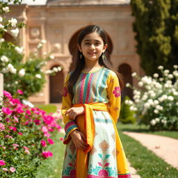 A beautiful young Shirazi girl dressed in traditional Shirazi attire, standing gracefully in the Saadi Tomb