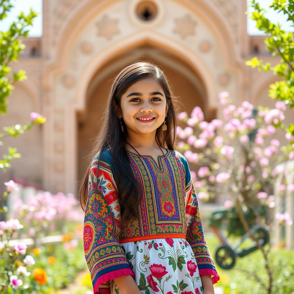 A beautiful young Shirazi girl dressed in traditional Shirazi attire, standing gracefully in the Saadi Tomb