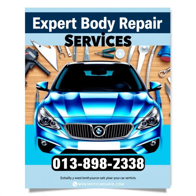 A professional and eye-catching poster for a car body repair shop, showcasing a shiny and well-maintained vehicle prominently in the center