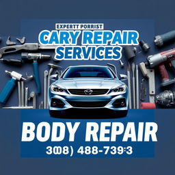 A professional and eye-catching poster for a car body repair shop, showcasing a shiny and well-maintained vehicle prominently in the center