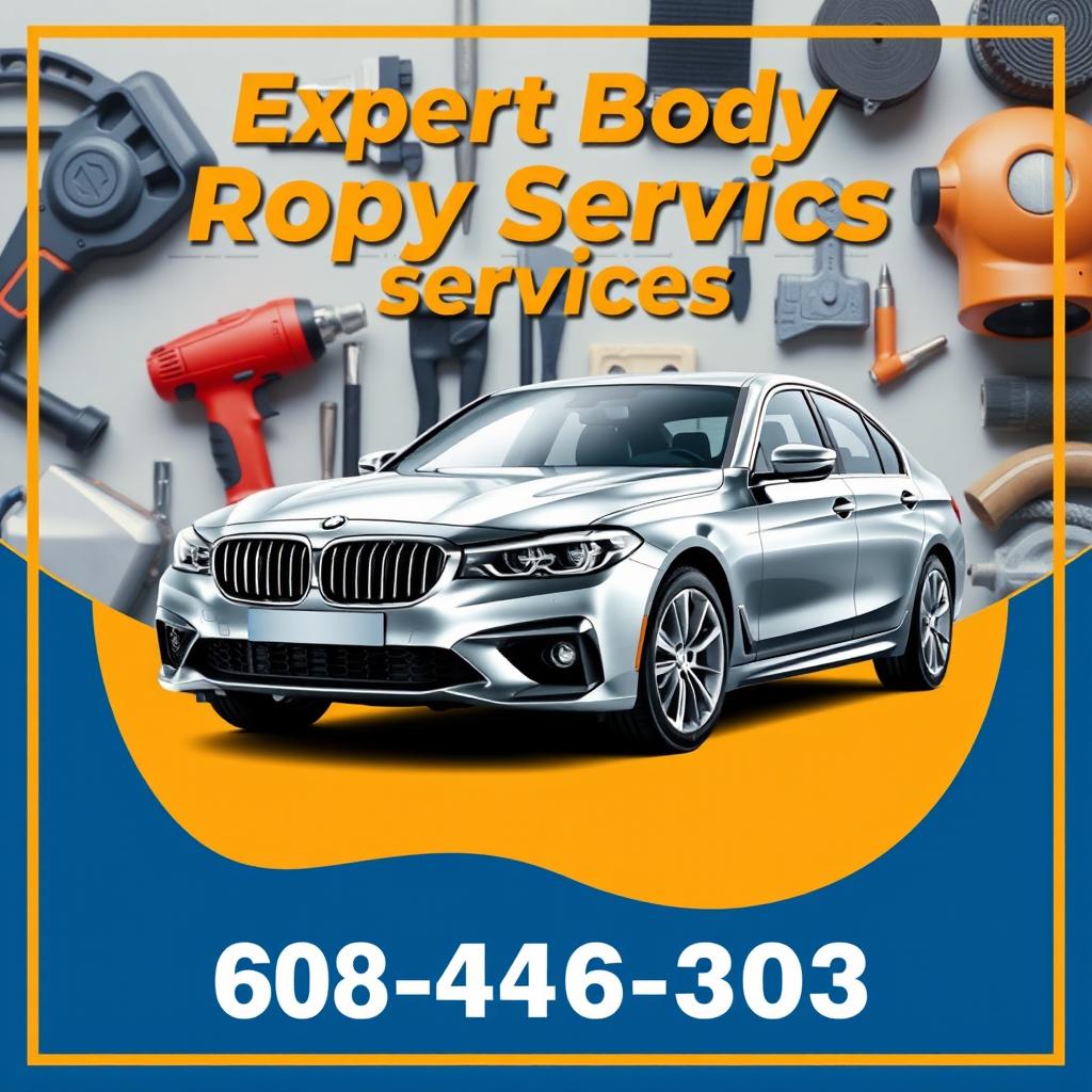 A professional and eye-catching poster for a car body repair shop, showcasing a shiny and well-maintained vehicle prominently in the center
