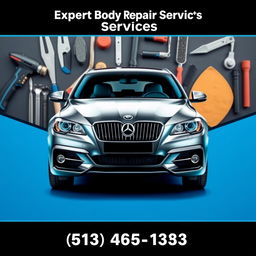 A professional and eye-catching poster for a car body repair shop, showcasing a shiny and well-maintained vehicle prominently in the center