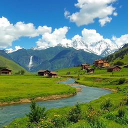 A picturesque village in Nepal, featuring traditional houses with wooden architecture, nestled amidst lush green hills