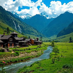 A picturesque village in Nepal, featuring traditional houses with wooden architecture, nestled amidst lush green hills