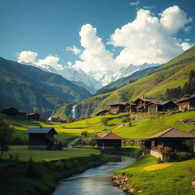 A picturesque village in Nepal, featuring traditional houses with wooden architecture, nestled amidst lush green hills