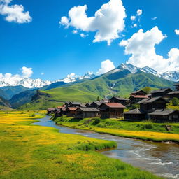 A picturesque village in Nepal, featuring traditional houses with wooden architecture, nestled amidst lush green hills