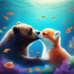 An exquisite digital art piece showcasing a bear and a fox sharing a loving kiss under the sea