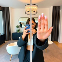 A stylish mirror selfie featuring a person with an engaging pose, showing off short, elegant French manicured nails