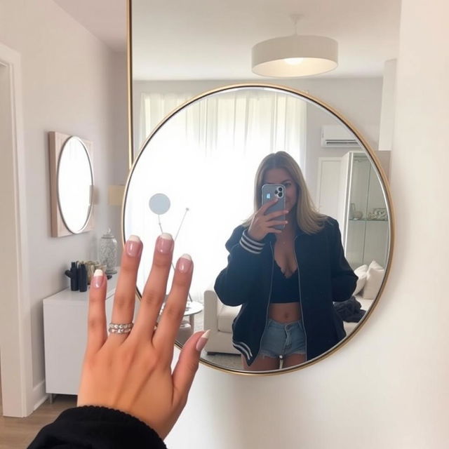 A stylish mirror selfie featuring a person with an engaging pose, showing off short, elegant French manicured nails