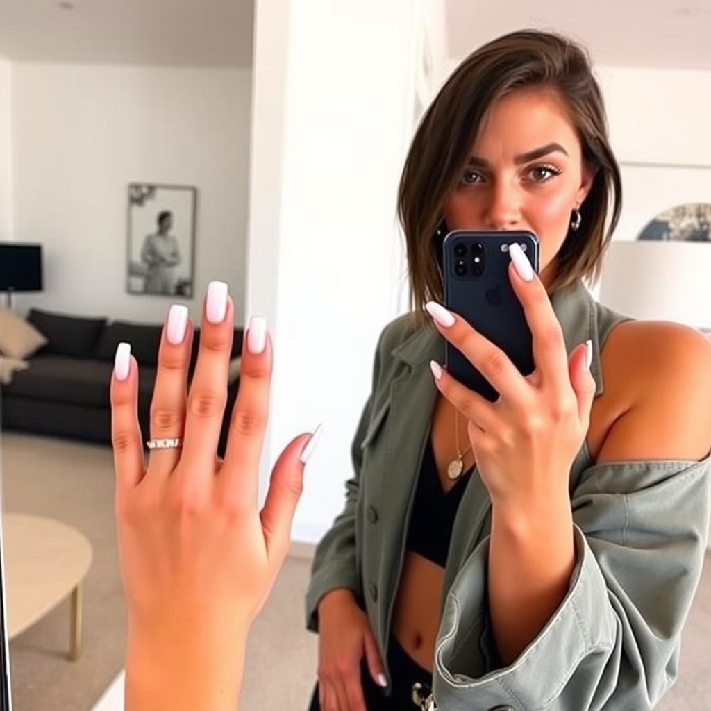 A stylish mirror selfie featuring a person with an engaging pose, showing off short, elegant French manicured nails