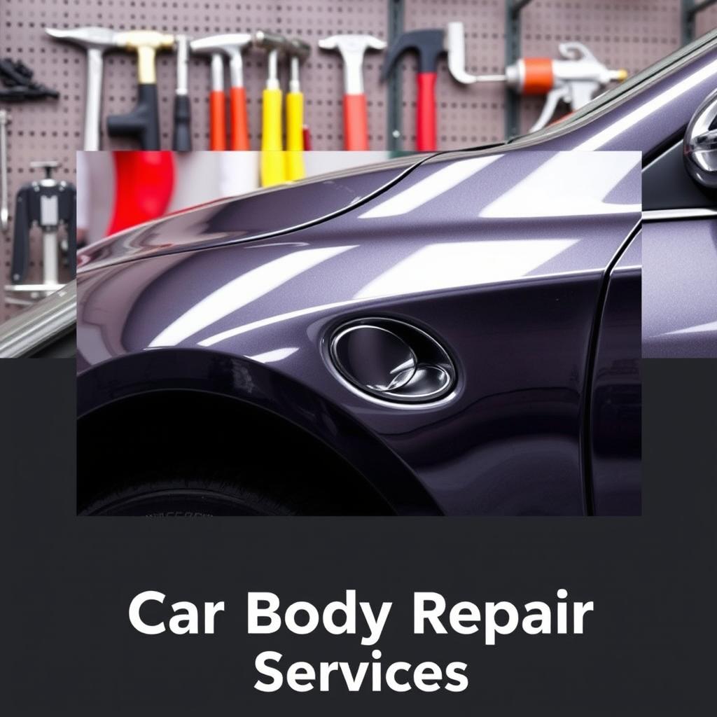 A poster for a car body repair shop featuring a high-quality image of a car with dents being repaired