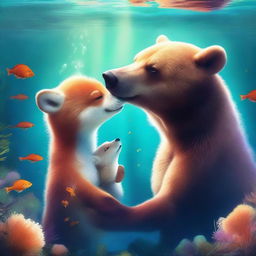 An exquisite digital art piece showcasing a bear and a fox sharing a loving kiss under the sea