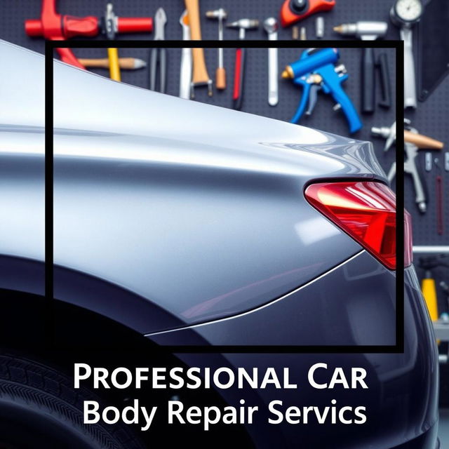 A poster for a car body repair shop featuring a high-quality image of a car with dents being repaired