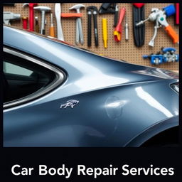 A poster for a car body repair shop featuring a high-quality image of a car with dents being repaired