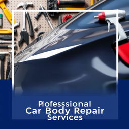 A poster for a car body repair shop featuring a high-quality image of a car with dents being repaired