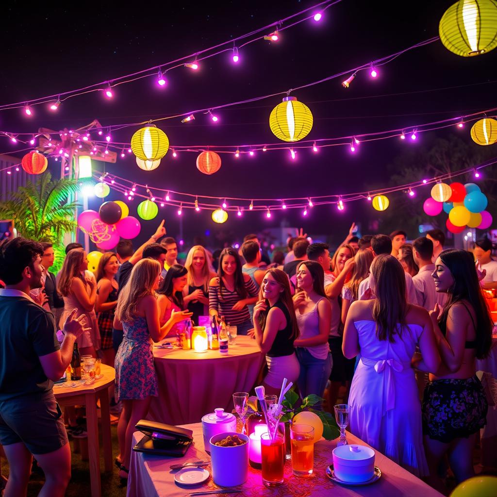 A vibrant and colorful party scene set outdoors at night, illuminated by fairy lights and lanterns